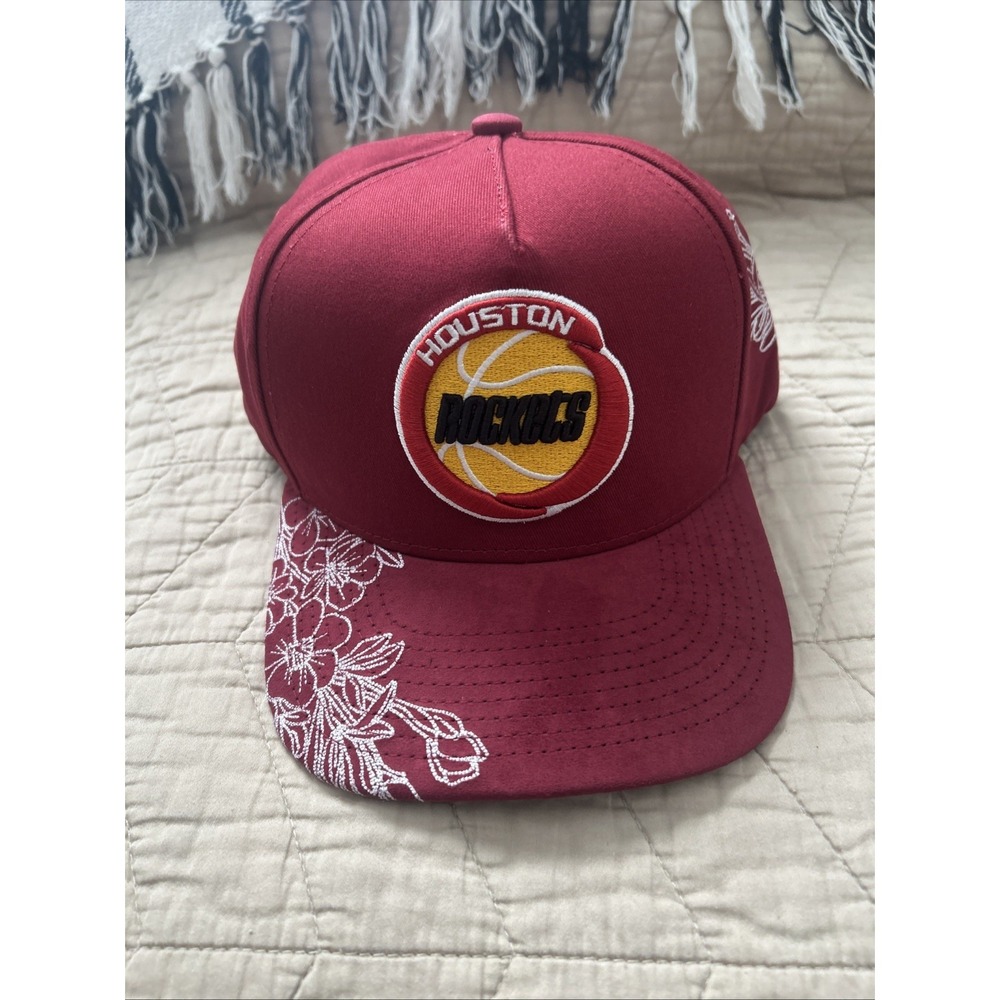 Mitchell And Ness Houston Rockets Flower Hat Snapback Red Suede Brim
